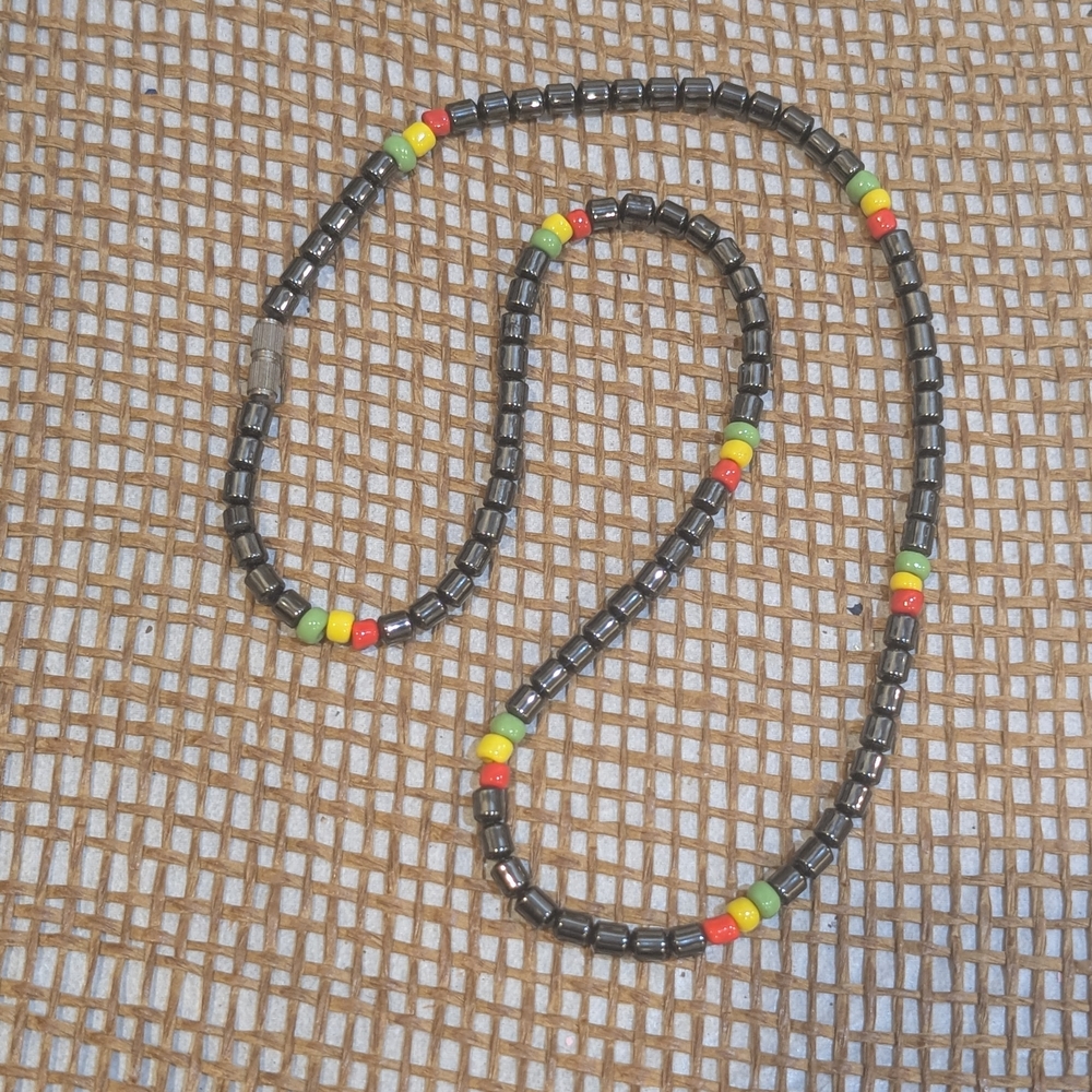 Unisex Hematite Beaded Necklace, 19" Jamaican Colors